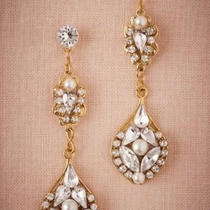 Anthropologie Gold Teardrop Crystal and Pearl Dangle Earrings